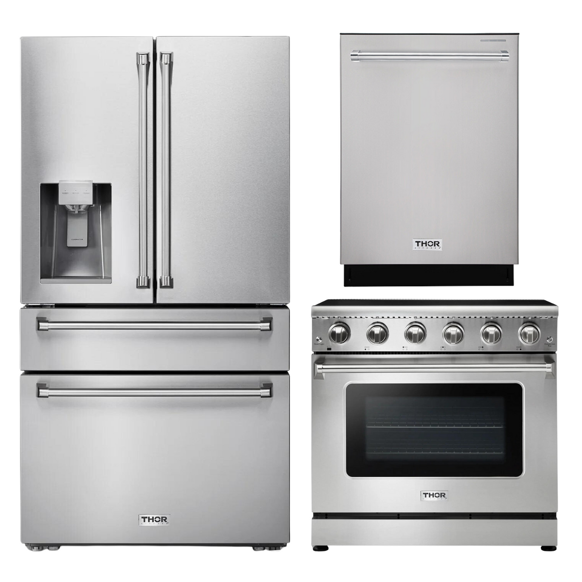 Thor Kitchen 3-Piece Appliance Package (36&quot; Electric Range, 36&quot; Refrigerator, Dishwasher)
