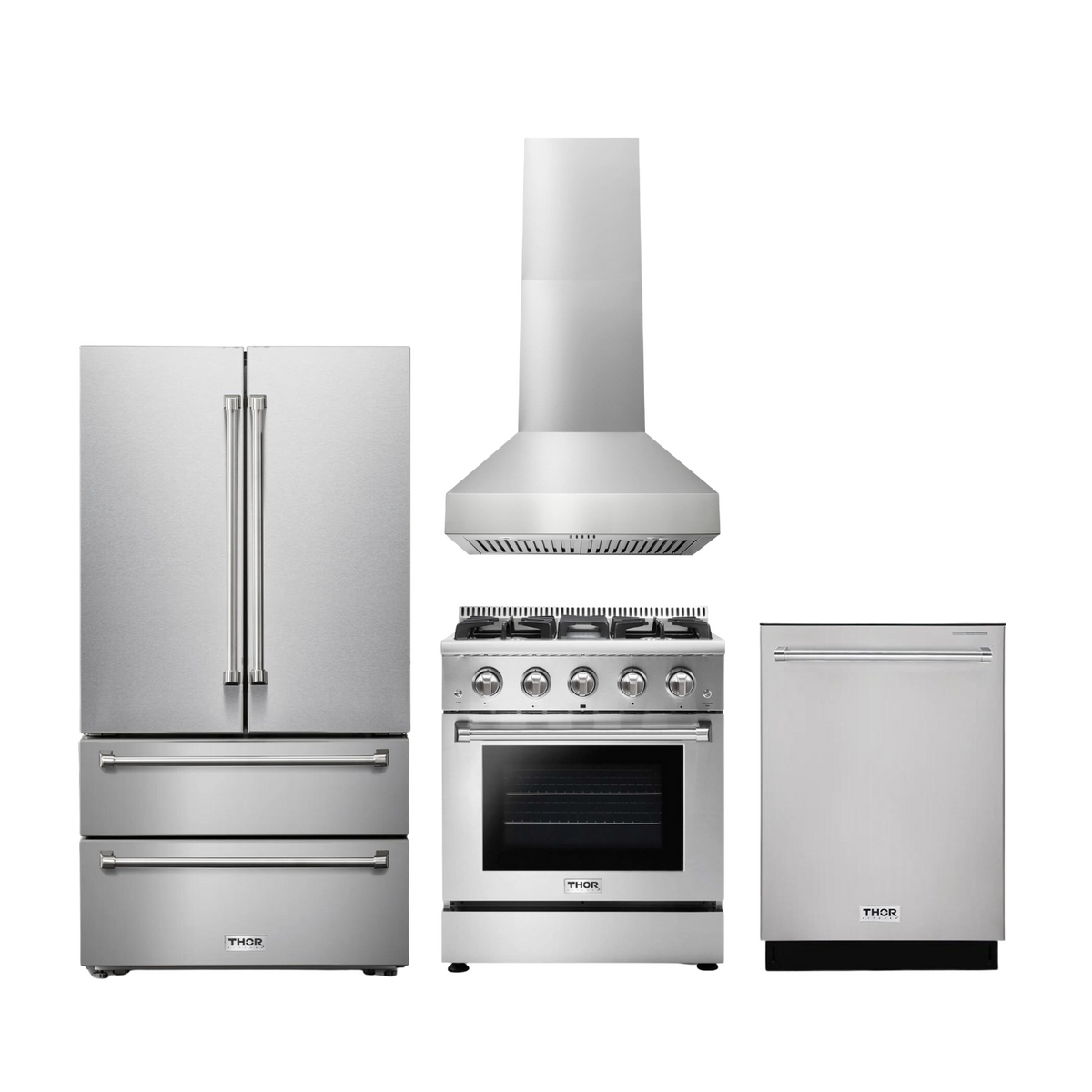 Thor Kitchen 4-Piece Appliance Package (30&quot; Four Burner Gas Range, 30&quot; Pyramid Range Hood, 36&quot; French Door Refrigerator, 24&quot; Dishwasher)