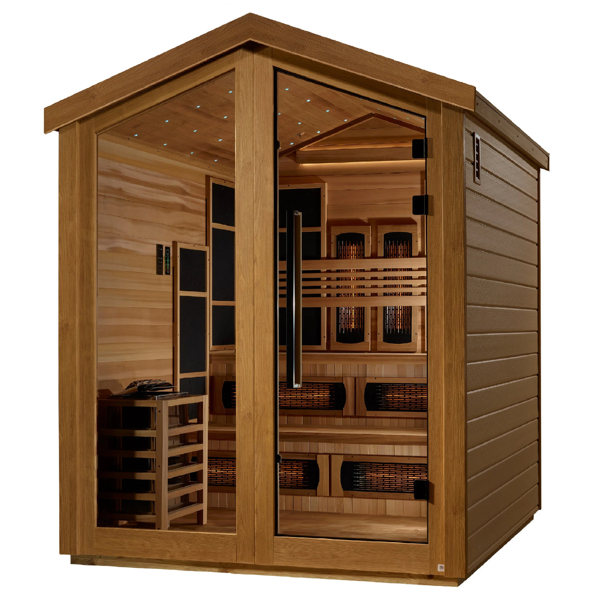 Golden Designs Kaskinen 6-Person Hybrid (PureTech™ Full Spectrum IR or Traditional Stove) Outdoor Sauna (GDI-8526-01) - Canadian Red Cedar Interior