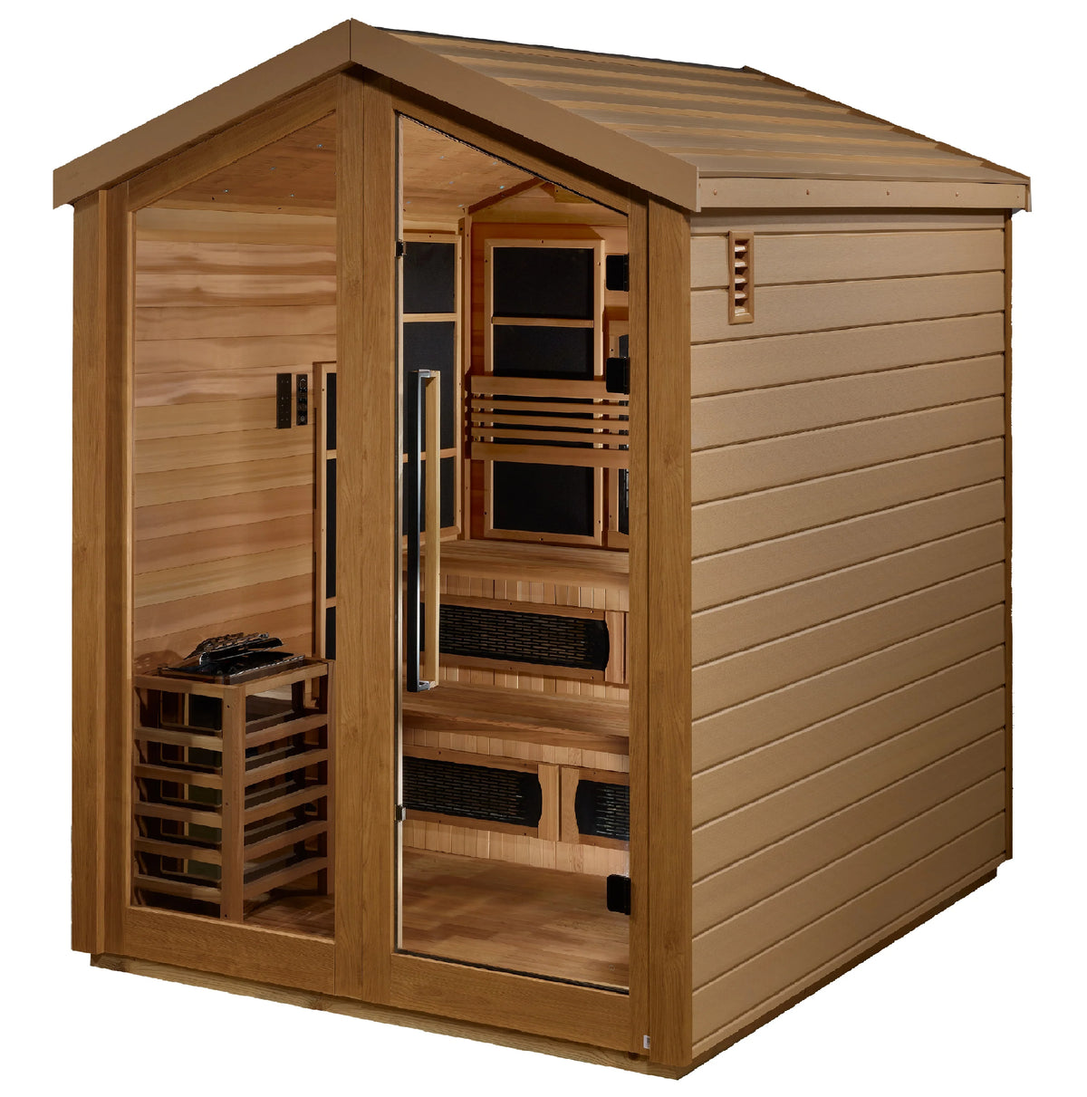 Golden Designs Kaskinen 6-Person Hybrid (PureTech™ Full Spectrum IR or Traditional Stove) Outdoor Sauna (GDI-8526-01) - Canadian Red Cedar Interior