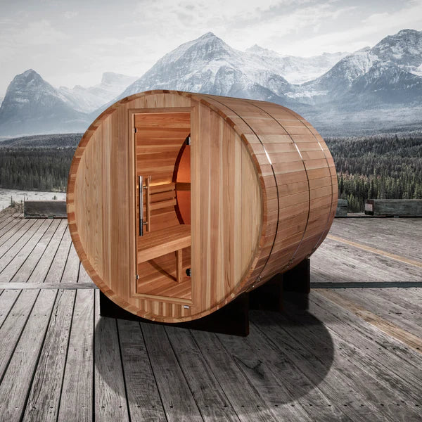 Golden Designs &quot;Zurich&quot; 4 Person Barrel with Bronze Privacy View - Traditional Sauna -  Pacific Cedar