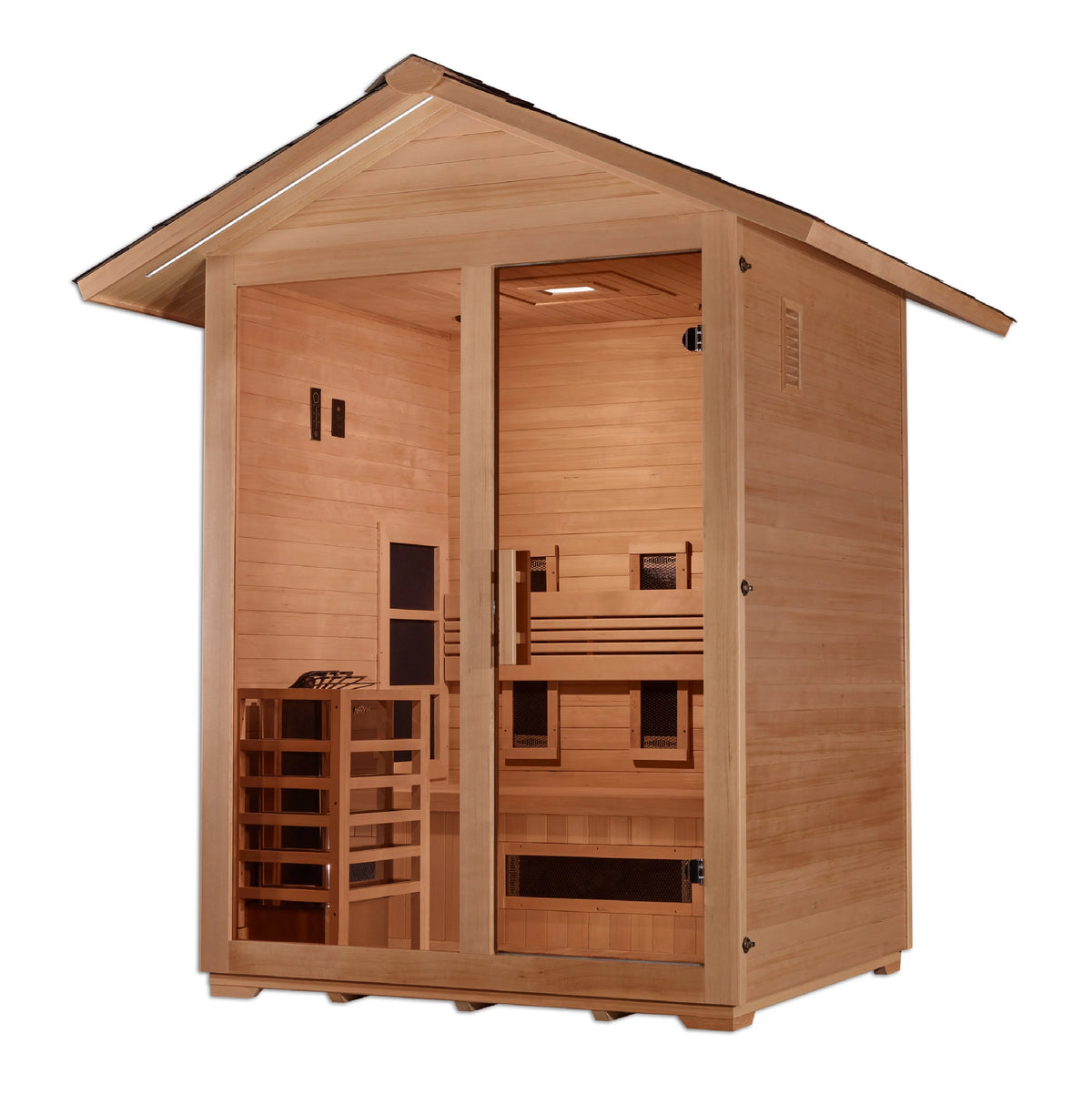 Golden Designs &quot;Carinthia&quot; 3 Person Hybrid (PureTech™ Full Spectrum IR or Traditional Stove) Outdoor Sauna -  Canadian Hemlock