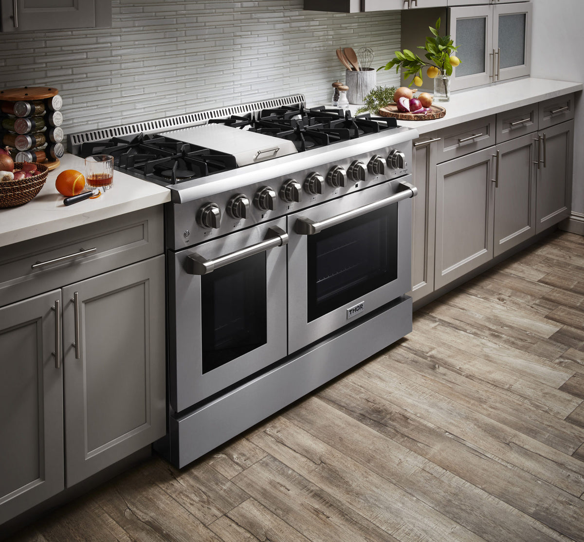 Thor Kitchen 4-Piece Appliance Package (48&quot; Gas Range, Under Cabinet Hood, Refrigerator, Dishwasher)
