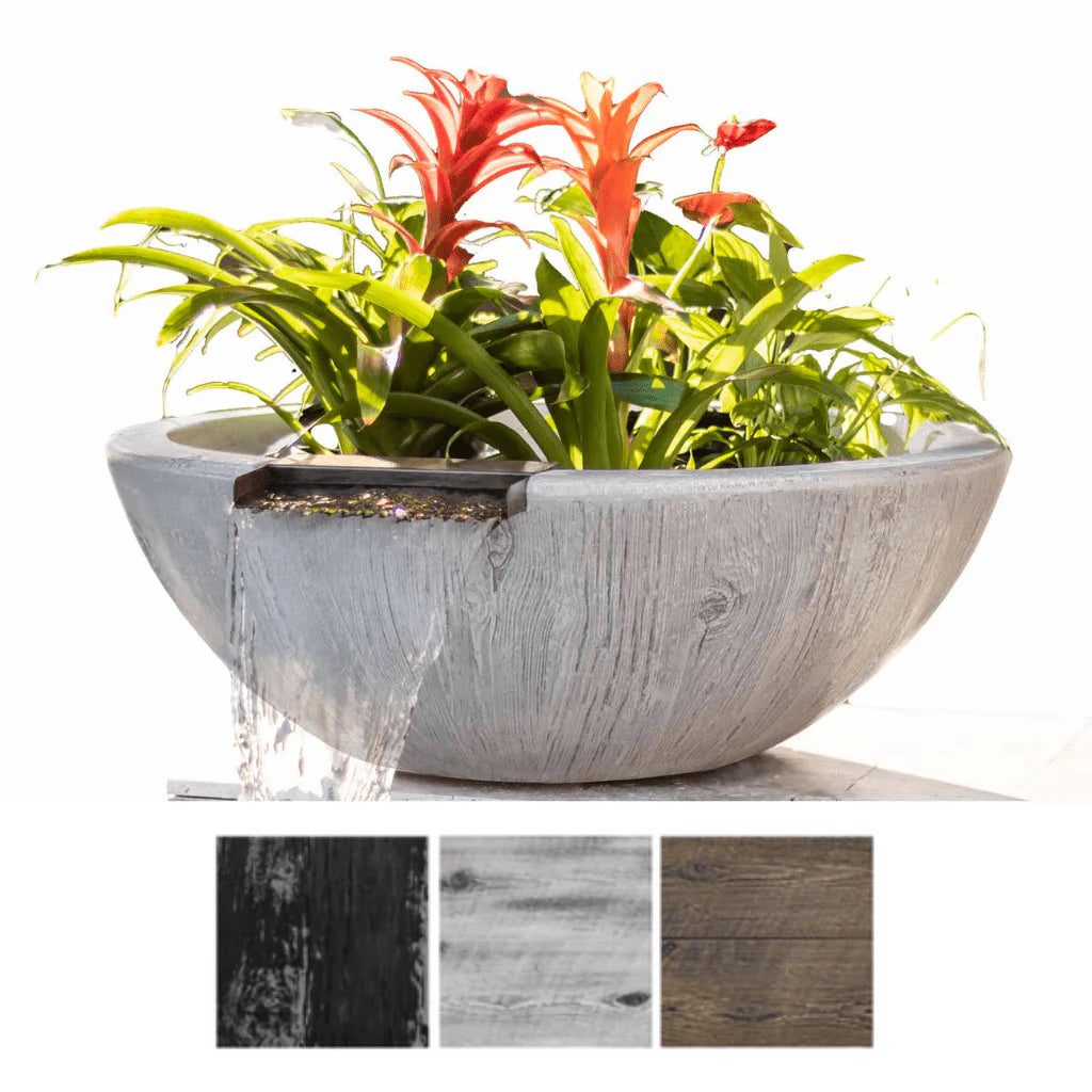 The Outdoor Plus 27&quot; Round Sedona Planter &amp; Water Bowl - Wood Grain GFRC Concrete