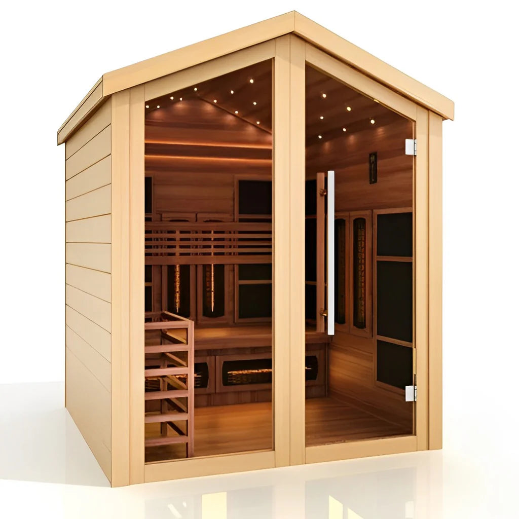 Golden Designs Vitasaari 2-Person Hybrid (PureTech™ Full Spectrum IR or Traditional Stove) Outdoor Sauna (GDI-8522-01) - Canadian Red Cedar Interior