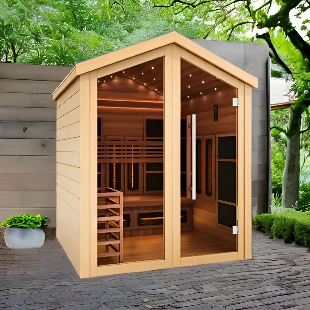 Golden Designs Vitasaari 2-Person Hybrid (PureTech™ Full Spectrum IR or Traditional Stove) Outdoor Sauna (GDI-8522-01) - Canadian Red Cedar Interior